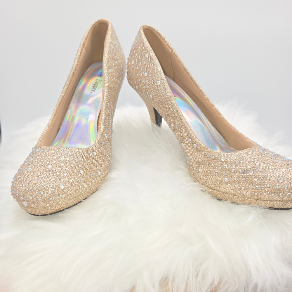 Silver Slipper Rhinestone Glitter‎ Pumps Womens 8M Champagne Gold Kitten Heel